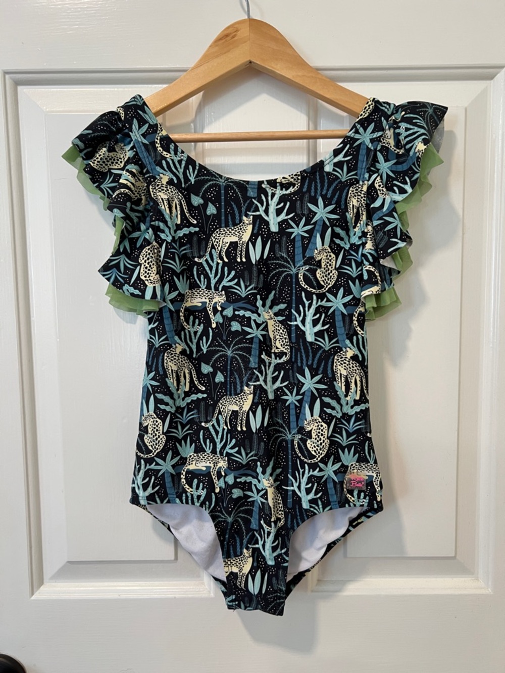 Ruffle Butts Black Swimsuit with Teal & Sage Accents and Leopard Design